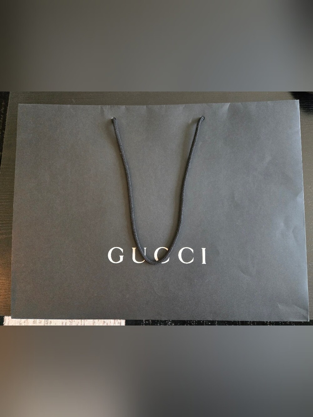 Gucci Black Paper Shopping Bag with White Logo and Rope Handle